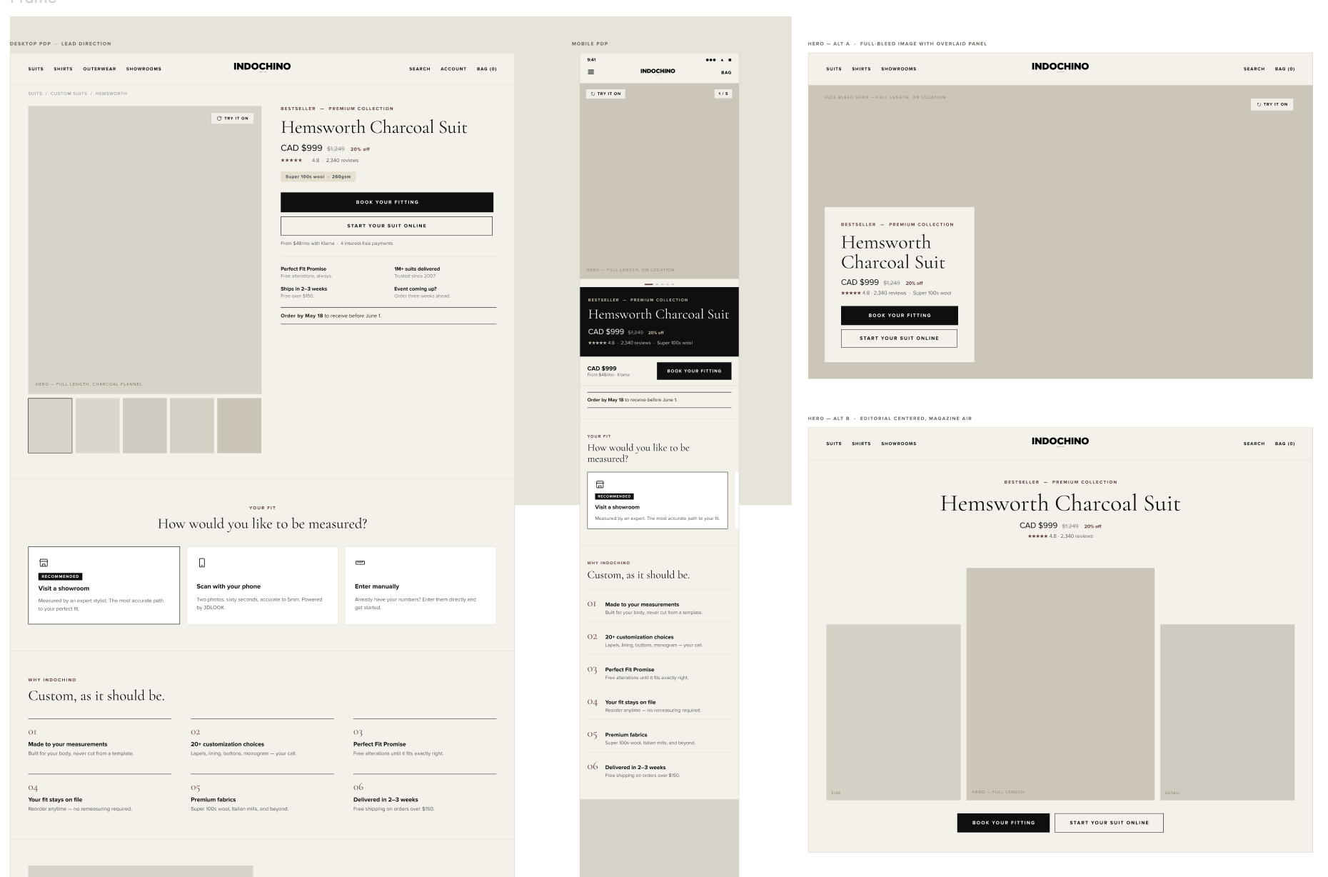 Desktop and mobile PDP design explorations plus hero alternatives