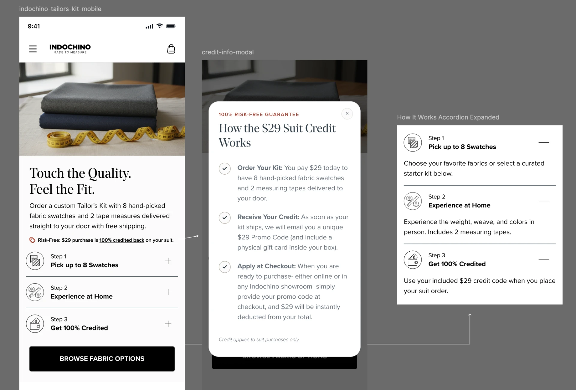 Tailor's Kit landing page and credit modal - Mobile