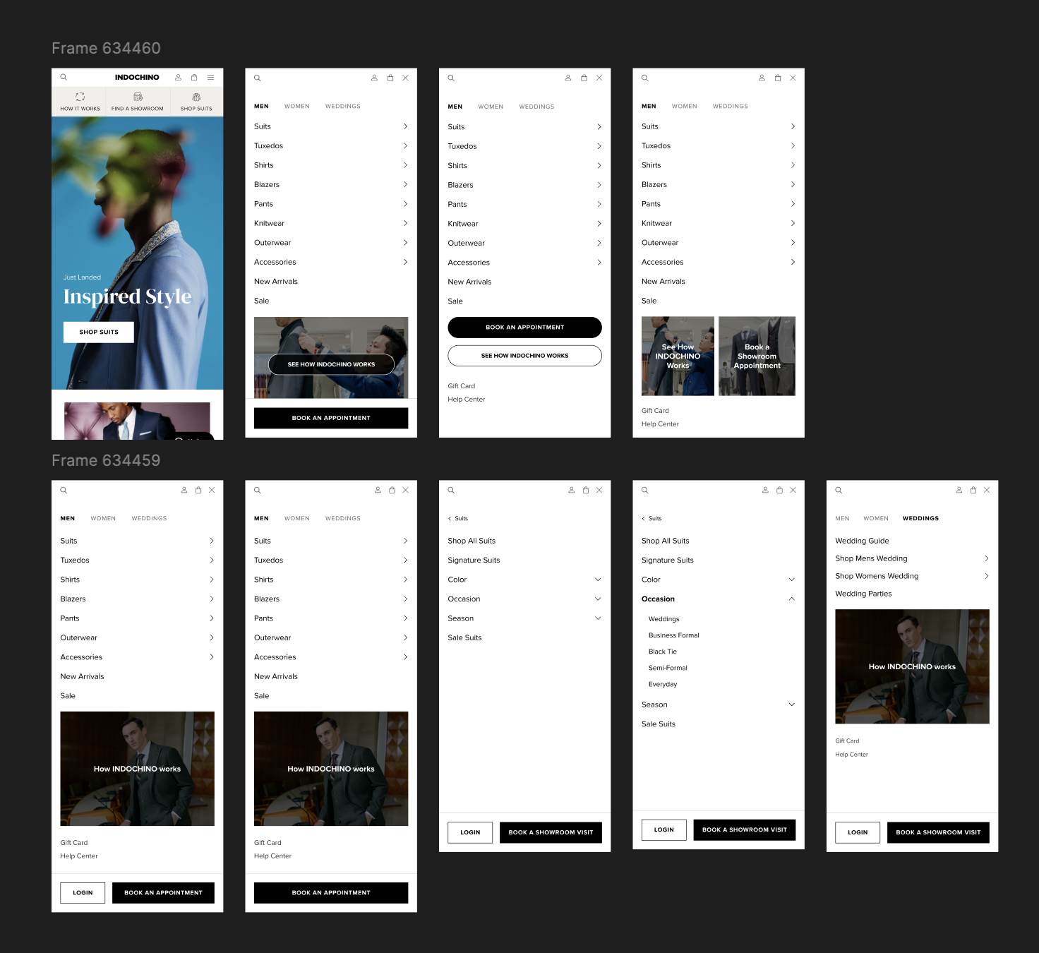 Mobile navigation exploration — category landing, menu states, and appointment CTAs
