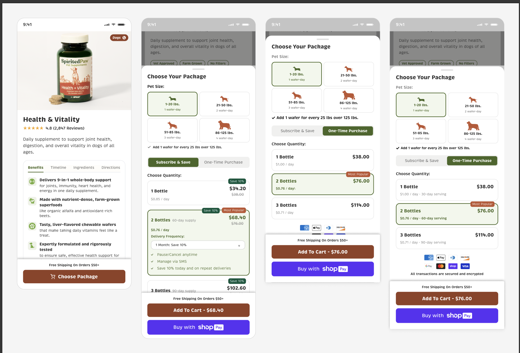 Final V3 PDP, pet size selection, and both purchase-type states
