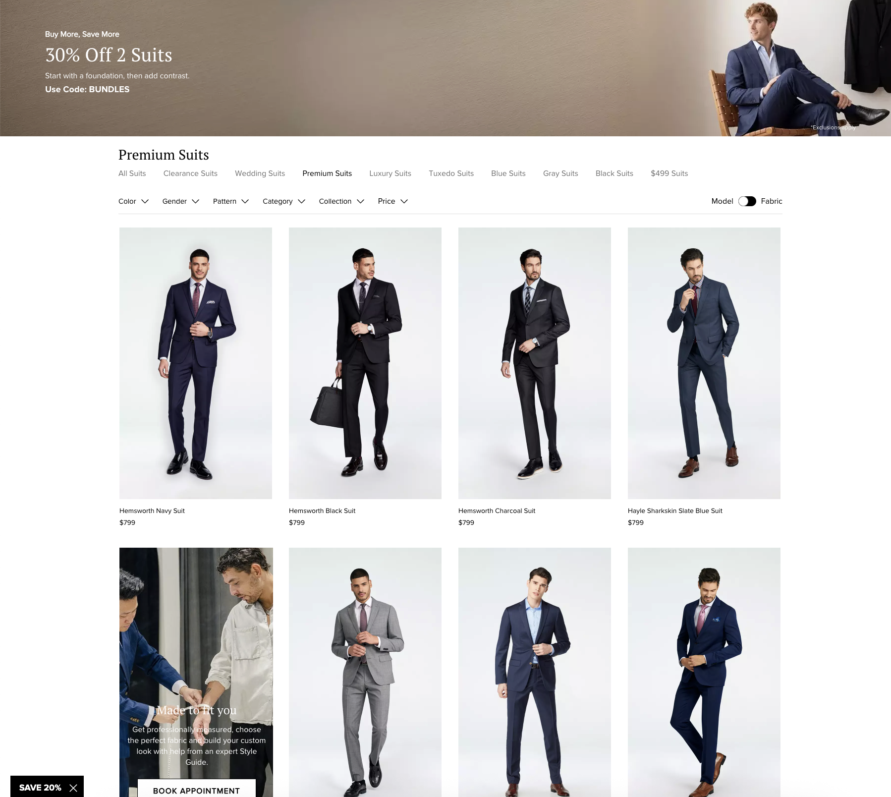 Original Indochino Premium Suits product listing page showing the hero banner, category filters, and product grid