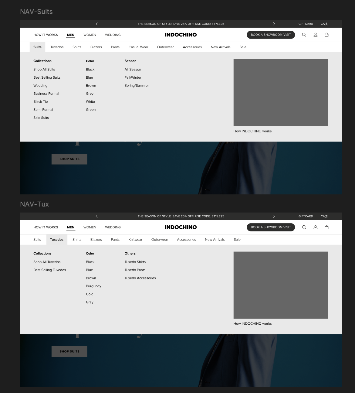 Desktop mega-menu for Suits and Tuxedos with collections, color, and season filters