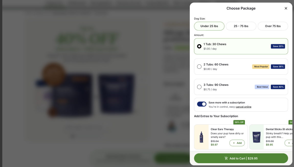 Pet Lab Co package-selection modal with subscription toggle and savings