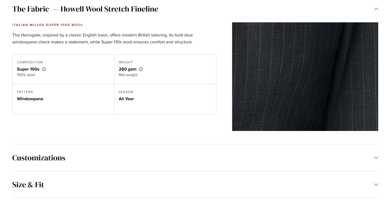 Fabric details panel with composition, weight, pattern, and season specs