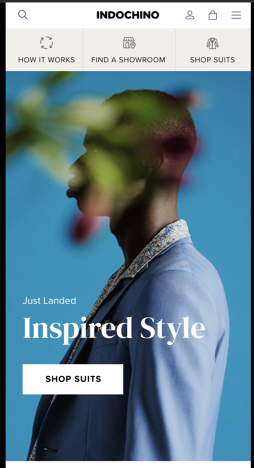 Indochino mobile homepage with quick-action navigation and hero