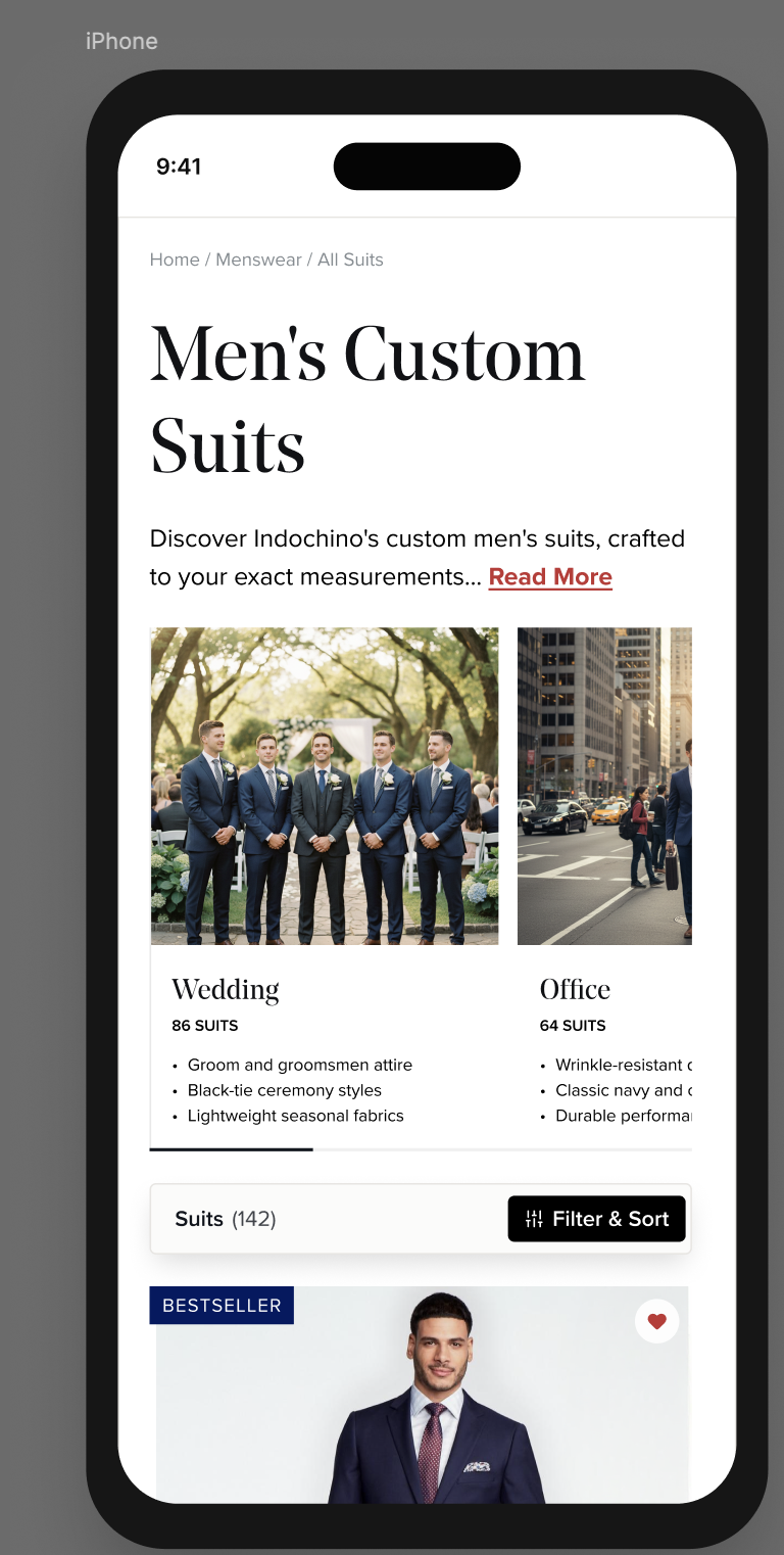 Mobile Indochino PLP showing Men's Custom Suits category with Wedding and Office occasion cards, filter and sort controls, and bestseller product tile