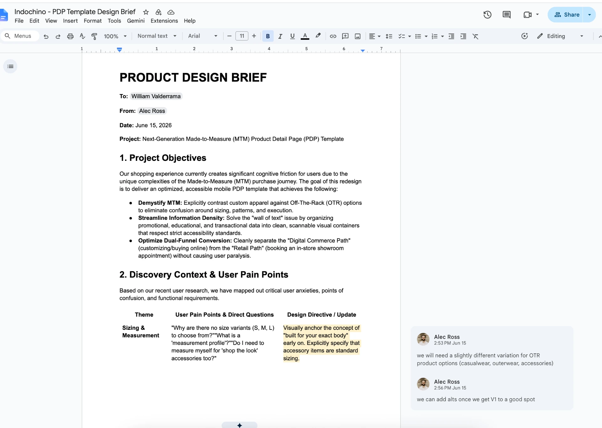 Indochino PDP design brief outlining project objectives, discovery context, and user pain points