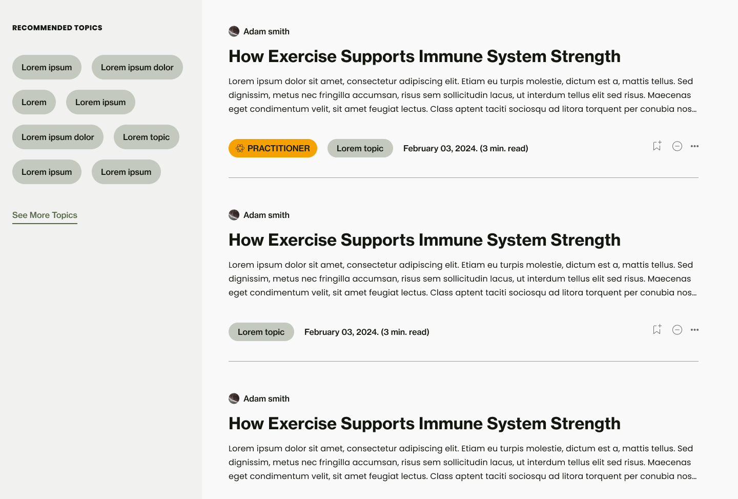 Content feed with recommended topics and practitioner tagging