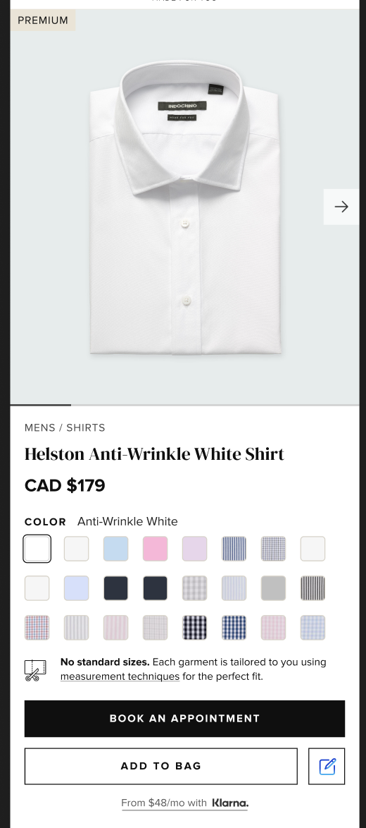 Mobile PDP — Helston Anti-Wrinkle shirt with color swatches and appointment CTA