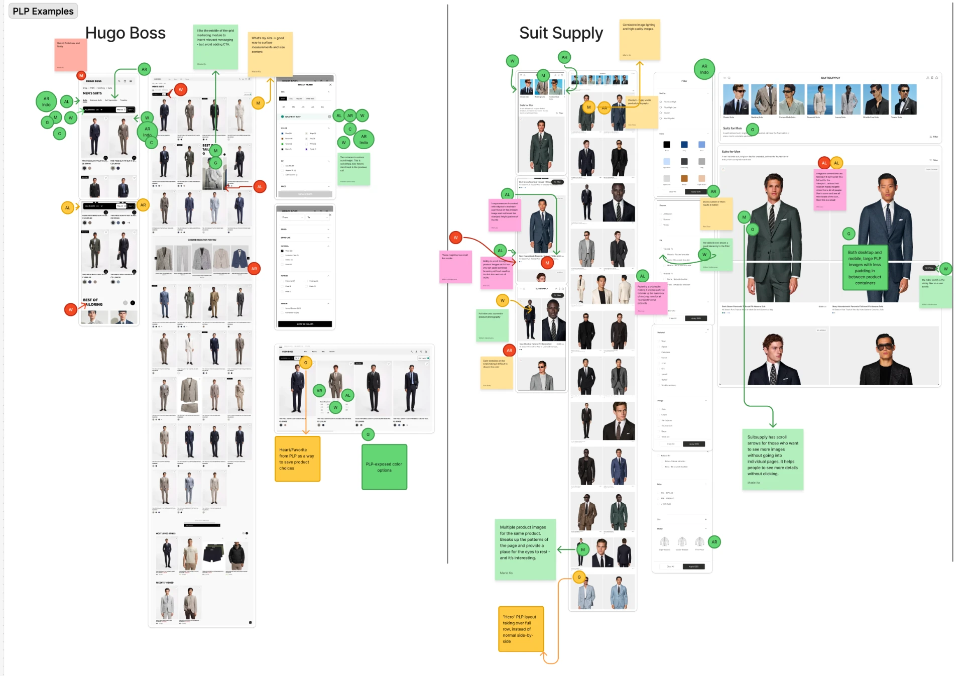Competitive teardown of Hugo Boss and Suit Supply PLPs showing filter patterns, product tiles, color swatches, and quick-shop behaviors