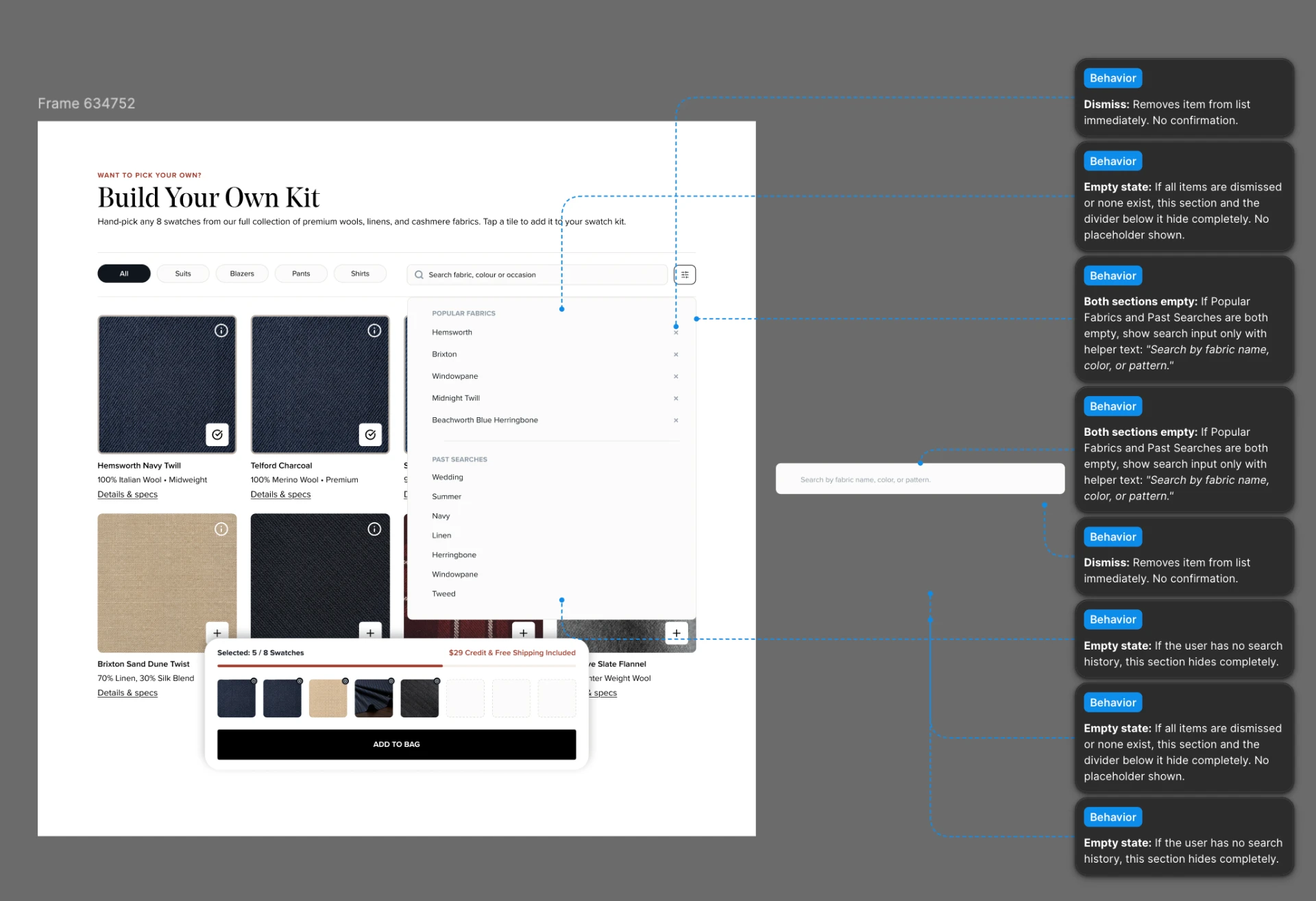 Search and filter behaviors for the kit builder