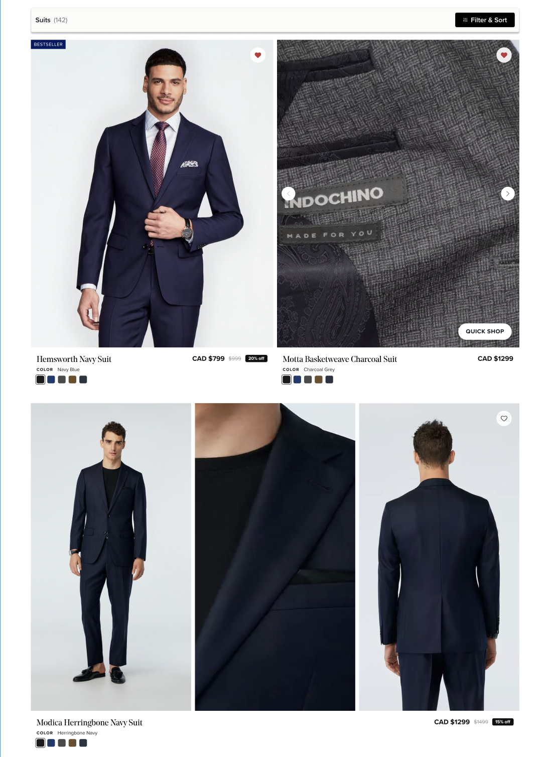 Indochino product listing page showing suit tiles with color swatches, pricing, and quick-shop options