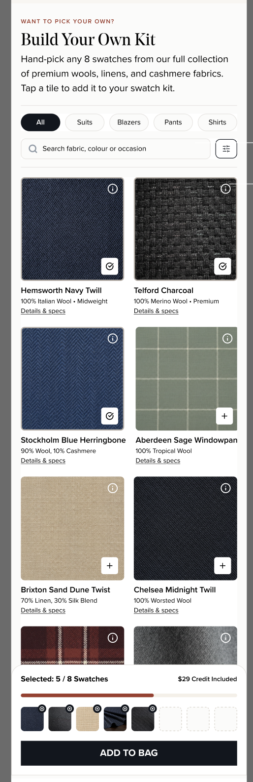 Build Your Own Kit swatch grid with selection tray