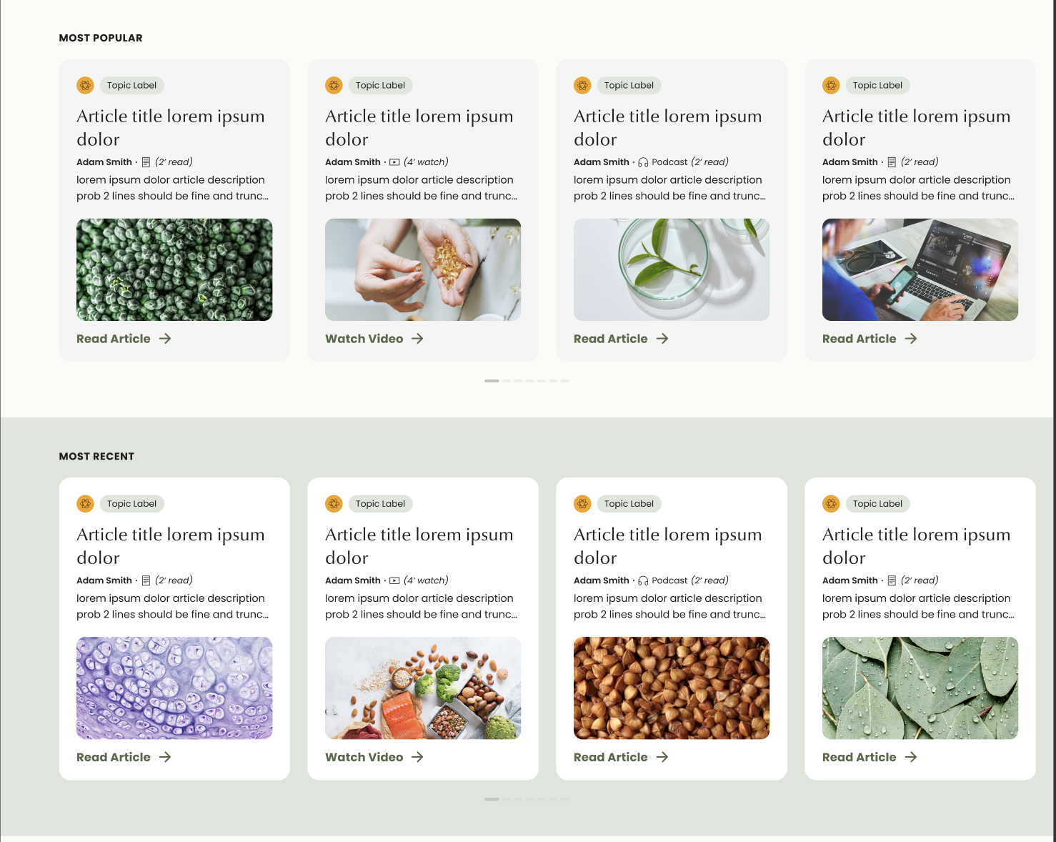 Most popular and most recent content carousels
