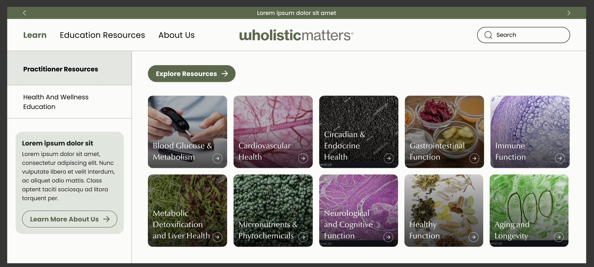 Education resources navigation with topic cards