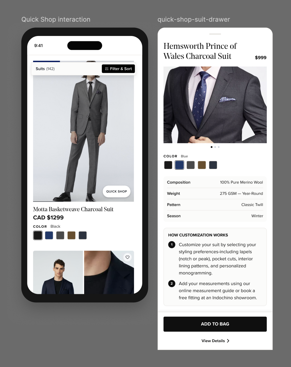Mobile quick-shop interaction — product tile with quick-shop button and expanded suit drawer