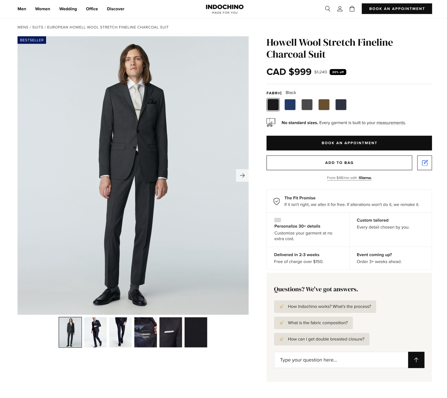 Desktop PDP — Howell Wool Stretch Fineline suit with dual-funnel CTA