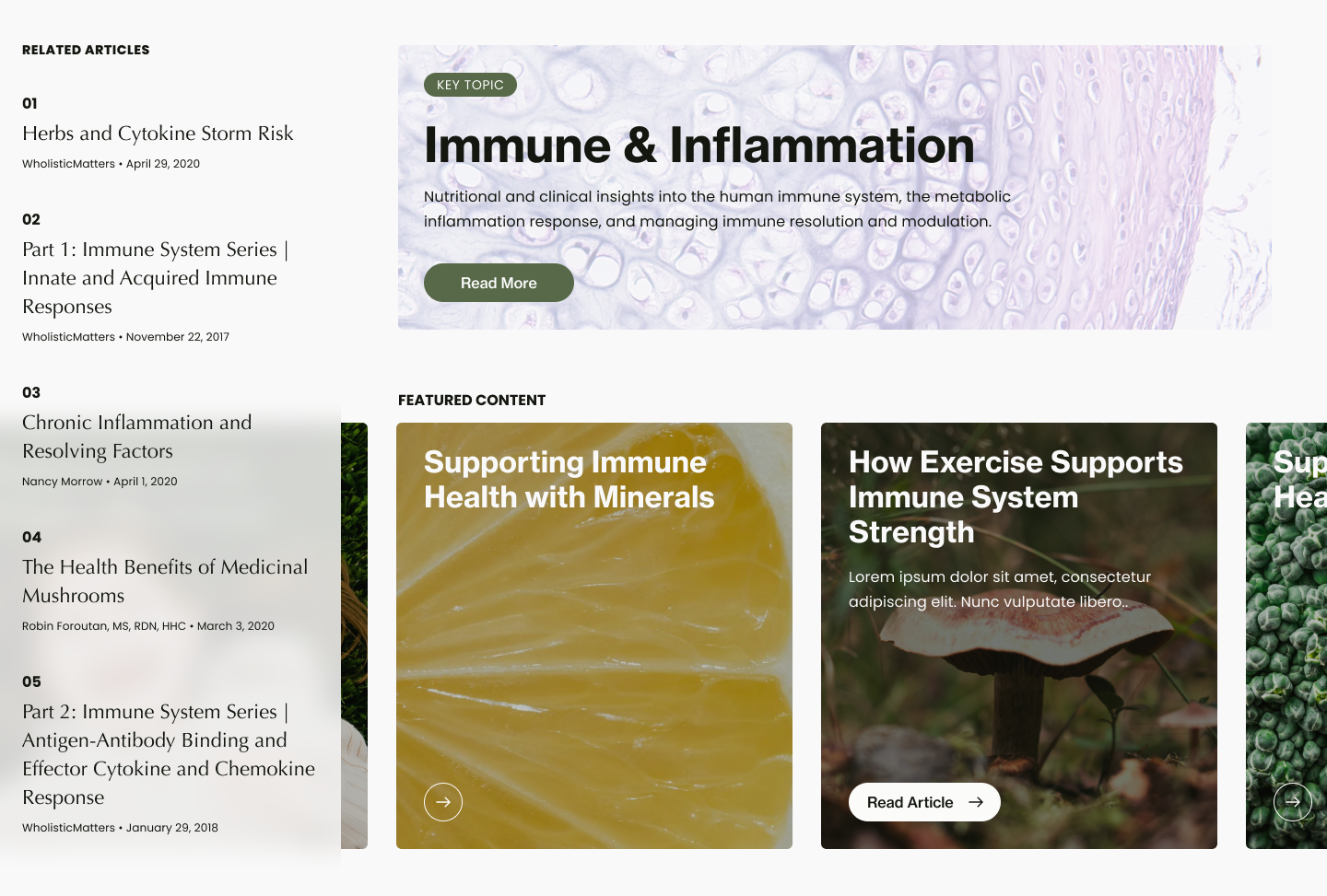 Key topic hub with related articles and featured content