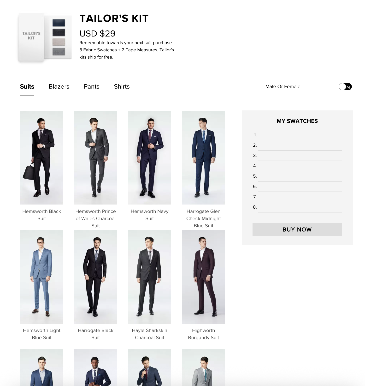 Tailor's Kit landing page with suit grid and swatch builder