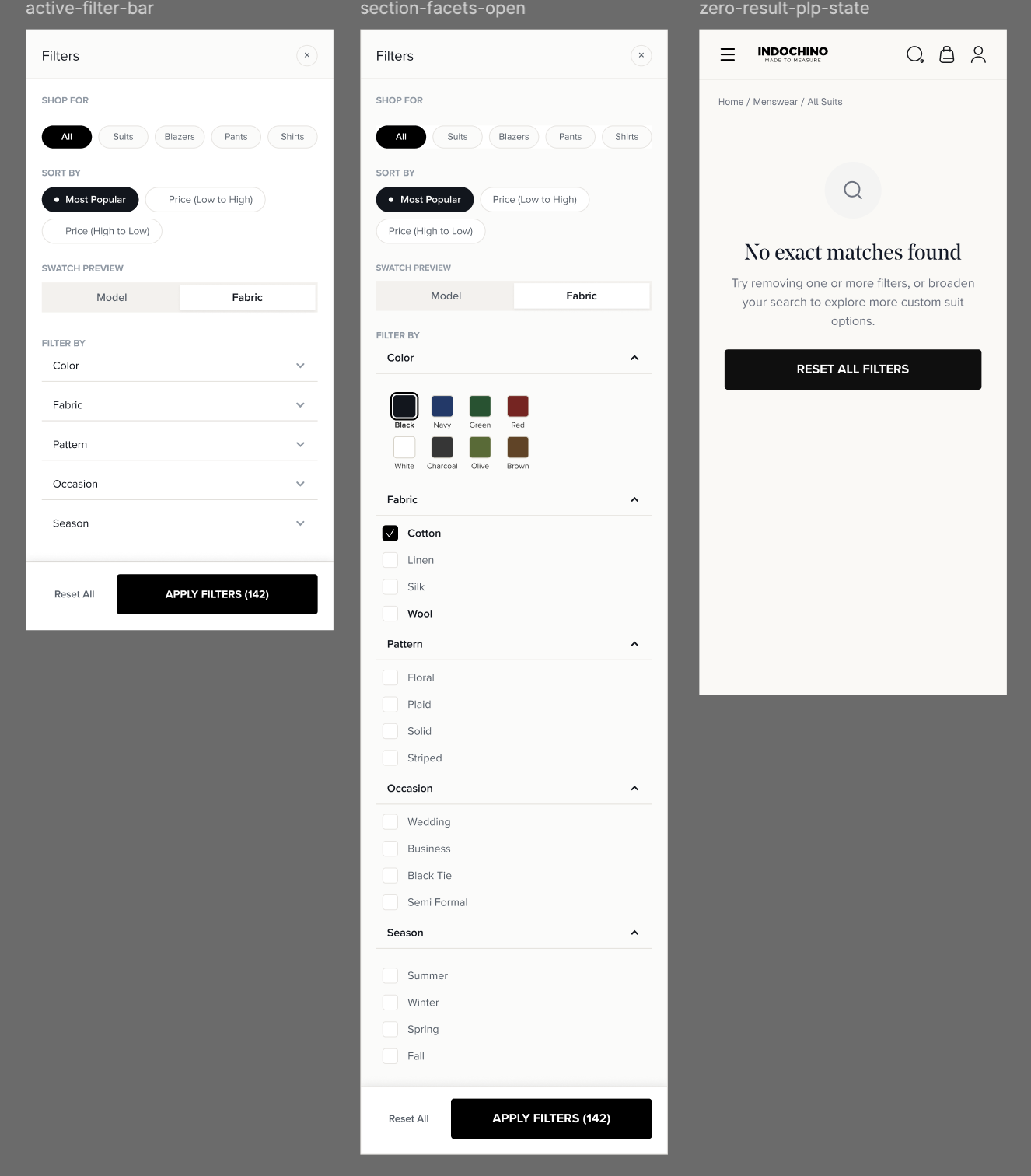 Mobile PLP filter states — active filter bar, expanded facets with color and fabric options, and zero-result empty state