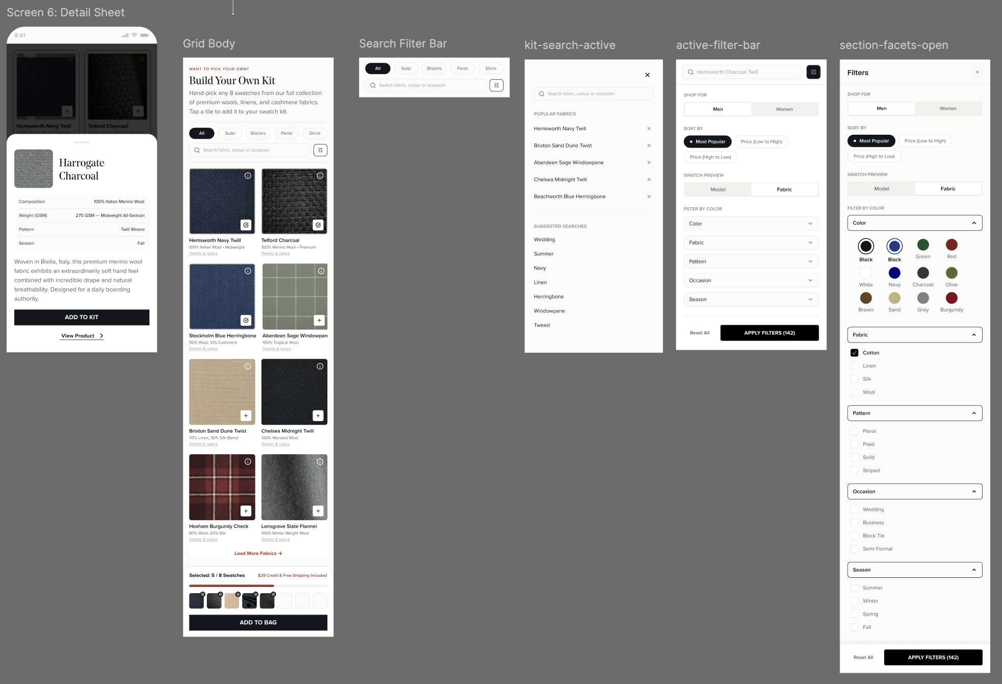 Mobile kit builder with fabric grid, detail sheet, search, filters, and selection drawer