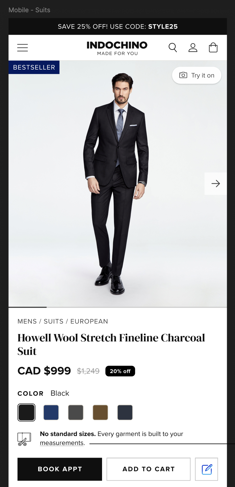 Mobile Indochino product page showing a black suit with promotion banner, color swatches, tailoring note, and purchase buttons